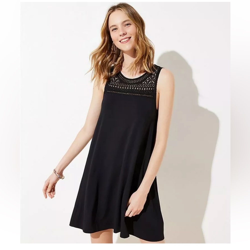 Loft Crochet Yoke Swing Dress, black. New with tags Medium. Crochet neckline